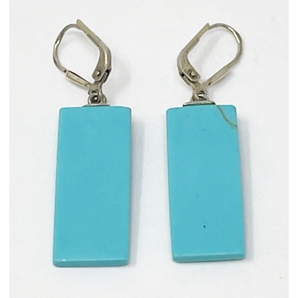 Vintage 925 Sterling Silver Block Turquoise Rectangle Dangle/Drop Pierced - Picture 2 of 7